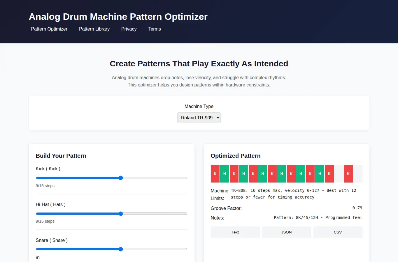 Screenshot of Analog Drum Machine Pattern Optimizer interface showing the project page in use